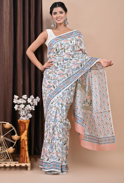 Floral Jaal Hand Block Print Chanderi Silk Saree (CHSAR24)